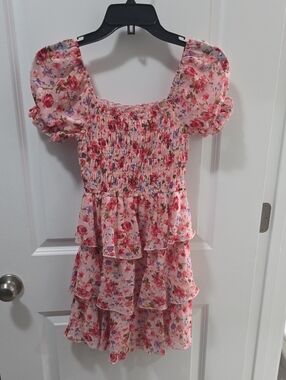 Teen/Junior Pink Floral Tiered Ruffle Dress